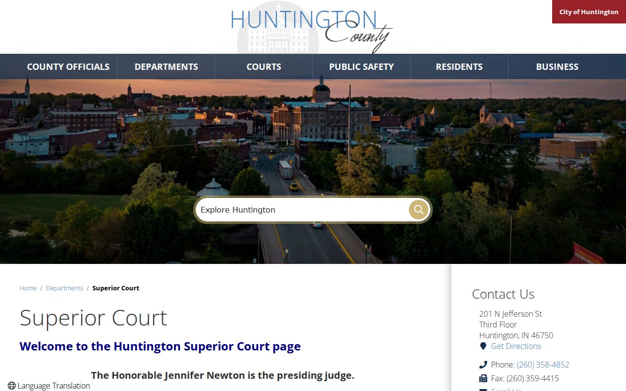 Huntington County court docket Superior Court contact